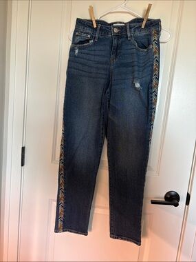 Knox Rose Dark Blue Straight Leg Jeans with Multicolor Chevron Side Trim